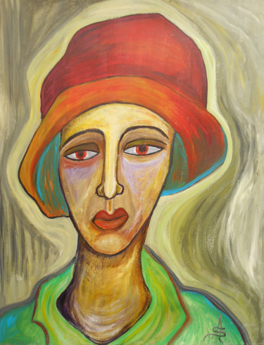 Pittura intitolato "Femme au chapeau ro…" da Aurélie Sarrazin, Opera d'arte originale, Acrilico
