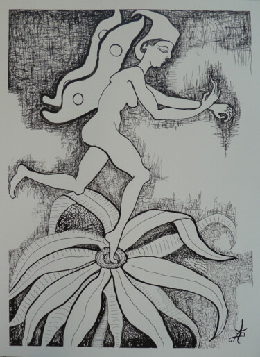 Drawing titled "Elle papillonne !" by Aurélie Sarrazin, Original Artwork, Ink