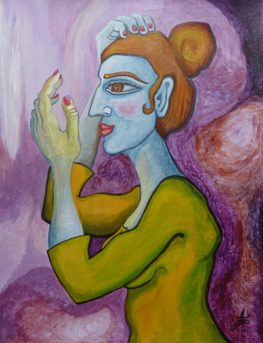 Painting titled "Femme en jaune" by Aurélie Sarrazin, Original Artwork, Acrylic