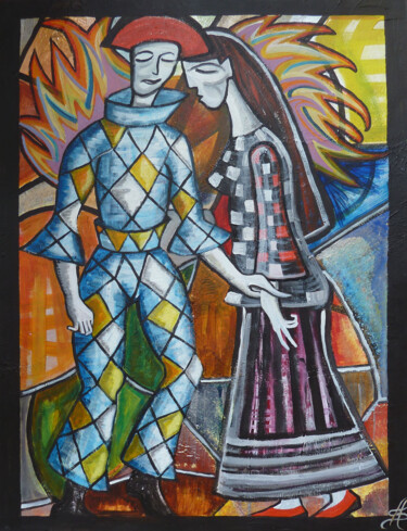 Painting titled "Le Couple d'Arlequi…" by Aurélie Sarrazin, Original Artwork, Acrylic