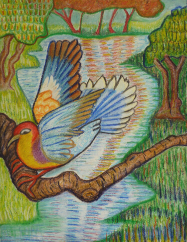 Malerei mit dem Titel "L'Oiseau sur sa bra…" von Aurélie Sarrazin, Original-Kunstwerk, Pastell