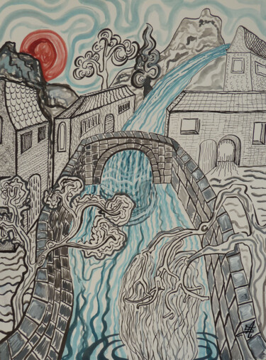 「Le Pont」というタイトルの描画 Aurélie Sarrazinによって, オリジナルのアートワーク, インク