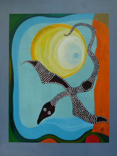 Malarstwo zatytułowany „Le Serpent volant” autorstwa Aurélie Sarrazin, Oryginalna praca, Akryl Zamontowany na Panel drewniany