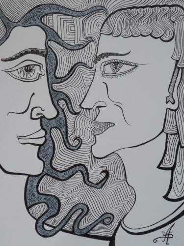 Dibujo titulada "Face à face" por Aurélie Sarrazin, Obra de arte original, Tinta