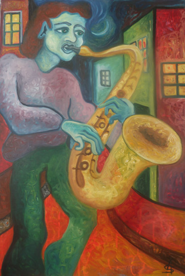 Peinture intitulée "Musicien dans la ru…" par Aurélie Sarrazin, Œuvre d'art originale, Huile