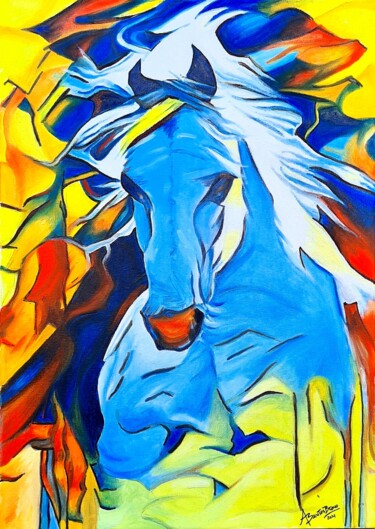 Schilderij getiteld "Cavalo Azul" door Aurelio Bentes Bravo, Origineel Kunstwerk, Olie