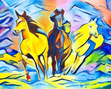 Ζωγραφική με τίτλο "Cavalos à solta" από Aurelio Bentes Bravo, Αυθεντικά έργα τέχνης, Λάδι