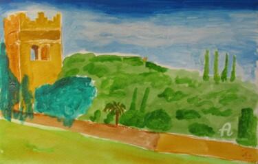 Pittura intitolato "Paesaggio con Torre" da Aurelio Nicolazzo, Opera d'arte originale, Acquarello