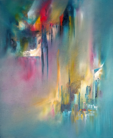 Painting titled "Rainbow On Cities" by Auriane Phillippon, Original Artwork, Oil Mounted on Wood Stretcher frame