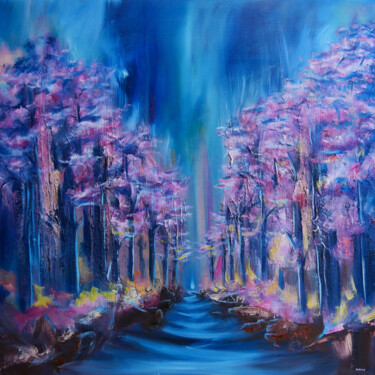 Painting titled "Pink Forest" by Auriane Phillippon, Original Artwork, Oil Mounted on Wood Stretcher frame
