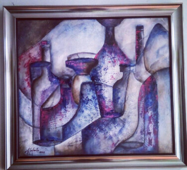 Painting titled "Copas y botellas" by Aurora Infante, Original Artwork, Oil Mounted on Wood Stretcher frame