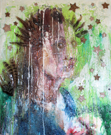 Картина под названием "My bird sister" - Aurore Lanteri, Подлинное произведение искусства, Воск Установлен на Деревянная рам…