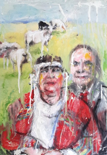 Peinture intitulée "Couple aux moutons" par Aurore Lanteri, Œuvre d'art originale, Cire Monté sur Carton