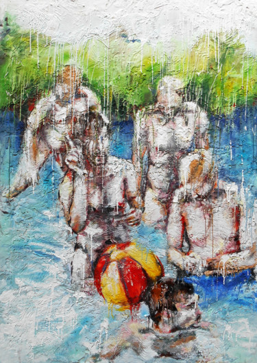 Peinture intitulée "Les baigneurs" par Aurore Lanteri, Œuvre d'art originale, Cire Monté sur Châssis en bois