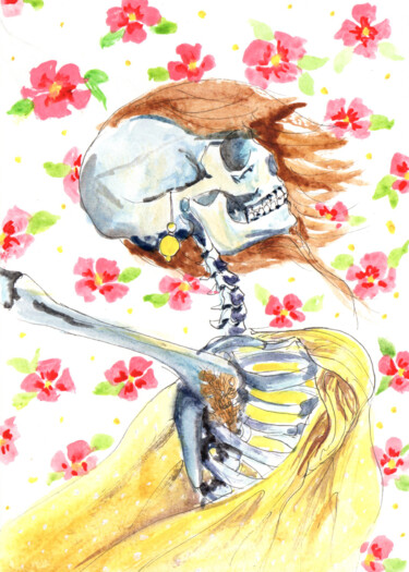 Inner beauty and red flowers Dessin intitulée "Inner beauty and re…" par Aurore Lanteri, Œuvre d'art originale, Aquarelle