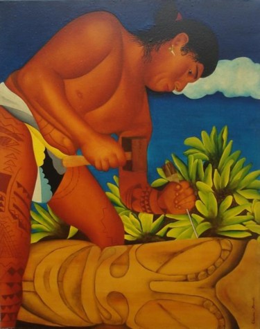 Painting titled "Le Sculpteur de Tiki" by Aurore Bonnet, Original Artwork, Oil