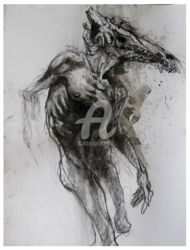 Dibujo titulada "homme a tete de san…" por Aurore Lephilipponnat, Obra de arte original, Carbón