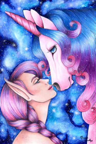 Painting titled "L'elfe et la licorne" by Aurore Loallyn, Original Artwork, Other