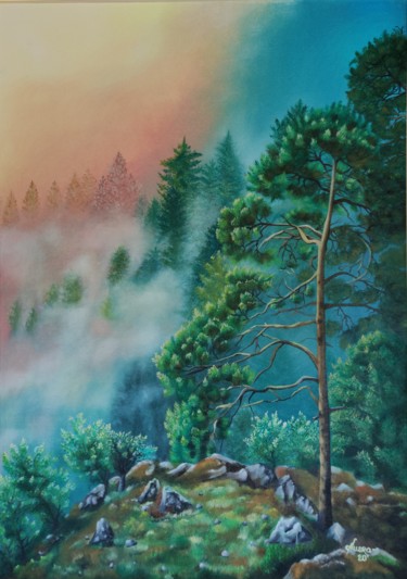 Painting titled "The Misty Sunrise" by Ausra Manamangas, Original Artwork, Oil Mounted on Wood Stretcher frame