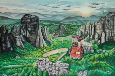 Painting titled "Meteora, Geological…" by Ausra Manamangas, Original Artwork, Oil Mounted on Wood Stretcher frame