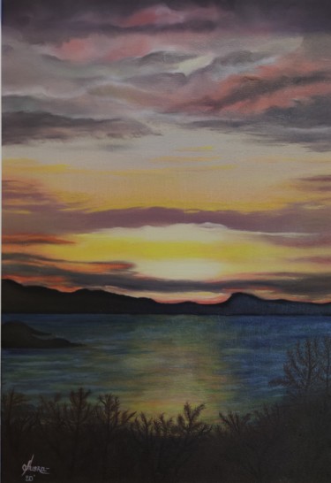 Painting titled "Golden Sunset in At…" by Ausra Manamangas, Original Artwork, Oil Mounted on Wood Stretcher frame