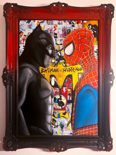 Painting titled "Batman vs. Spiderman" by Ava Moazen (ArtByAva), Original Artwork, Oil
