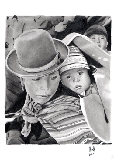 Dessin intitulée ""Madre con su hijo"" par Marlii, Œuvre d'art originale, Crayon