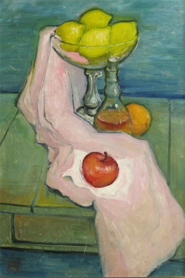 Картина под названием "Лимоны и яблоко" - Александр Беляков, Подлинное произведение искусства, Масло