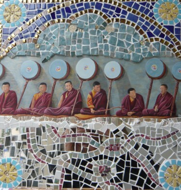 Peinture intitulée "Les moines aux tamb…" par Aveline, Œuvre d'art originale, Acrylique Monté sur Panneau de bois