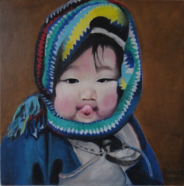 Schilderij getiteld "Garoto Mongol" door Avelino Araujo Junior, Origineel Kunstwerk, Olie Gemonteerd op Houten paneel