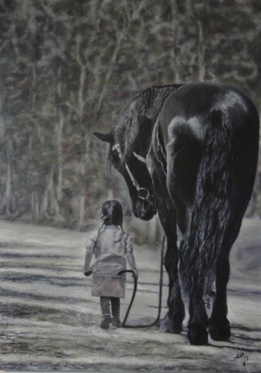 제목이 "Menina e Cavalo"인 미술작품 Avelino Araujo Junior로, 원작, 기름 목재 패널에 장착됨