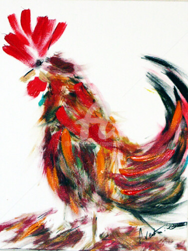 Painting titled "Le coq du village" by Aventuriero, Original Artwork, Acrylic Mounted on Wood Stretcher frame