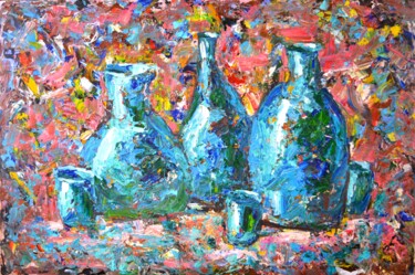 Painting titled "Teal jugs and glass…" by Alex Victor Ihnatenko, Original Artwork, Oil Mounted on Wood Stretcher frame