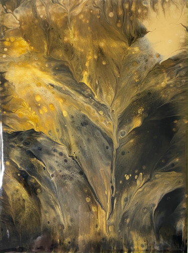 Painting titled "Golden feather" by Valeriya Avtukhova, Original Artwork, Acrylic Mounted on Wood Panel