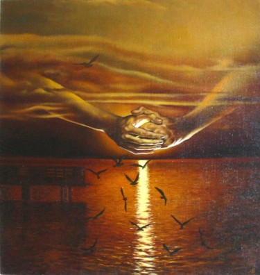 Картина под названием "Seagulls at Sunset.…" - Владимир Абаимов, Подлинное произведение искусства, Масло