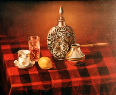 Pintura intitulada "Still-life on a Red…" por Vladimir Abaimov, Obras de arte originais, Óleo