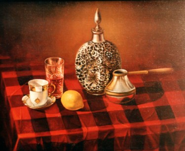 Painting titled "Still-life on a Red…" by Vladimir Abaimov, Original Artwork, Oil