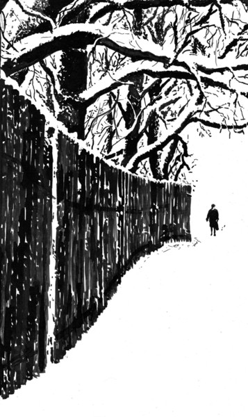 Disegno intitolato "It's snowing. Снег…" da Vladimir Abaimov, Opera d'arte originale, Inchiostro