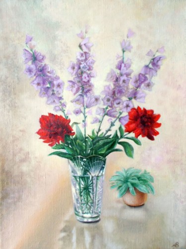 Painting titled "Morning Flowers. Ут…" by Vladimir Abaimov, Original Artwork, Oil