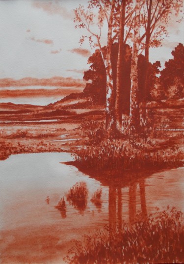 Drawing titled "Landscape with Birc…" by Vladimir Abaimov, Original Artwork, Pigments