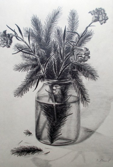 Tekening getiteld "Christmas Tree with…" door Vladimir Abaimov, Origineel Kunstwerk, Potlood