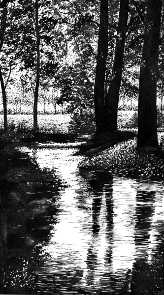 Disegno intitolato "The Spring Brook /…" da Vladimir Abaimov, Opera d'arte originale, Inchiostro
