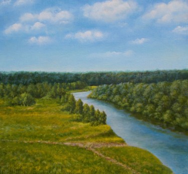 Malerei mit dem Titel "Inya River at Noon…" von Vladimir Abaimov, Original-Kunstwerk, Öl