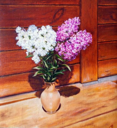 Painting titled "Phlox on the Bench…" by Vladimir Abaimov, Original Artwork, Oil