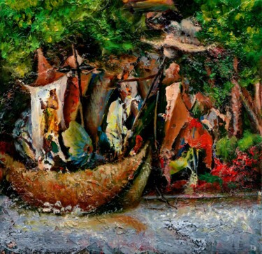 Painting titled "Three in the Boat /…" by Vladimir Abaimov, Original Artwork, Oil