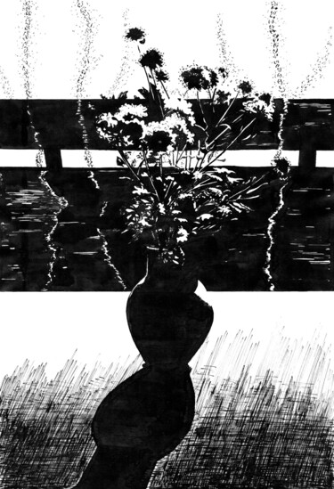 Dessin intitulée "Bouquet on the Tabl…" par Vladimir Abaimov, Œuvre d'art originale, Encre