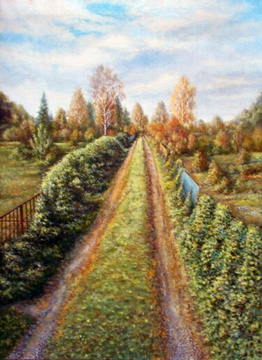 Painting titled "Dacha Promenade / Д…" by Vladimir Abaimov, Original Artwork, Oil