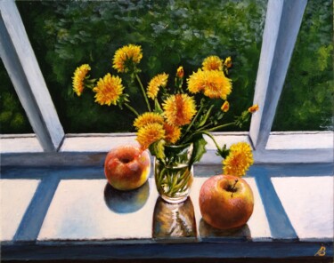 Painting titled "Dandelions on the W…" by Vladimir Abaimov, Original Artwork, Oil