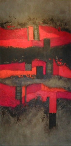 Painting titled "STRATES ROUGES" by Annick Volant-Vettu (AVVA), Original Artwork, Oil