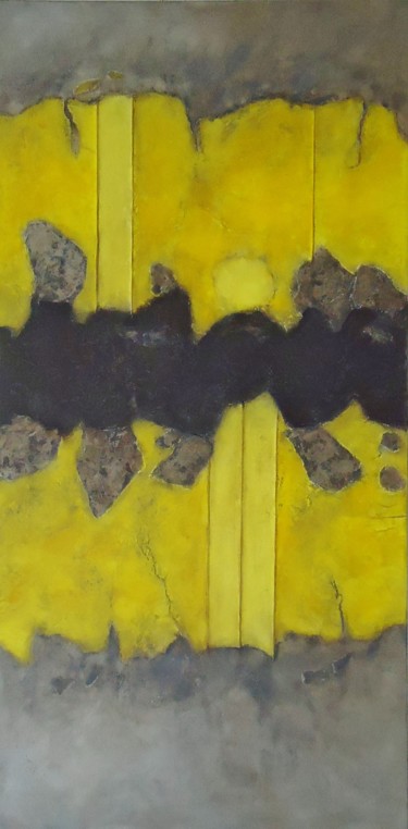 Painting titled "BARRE-BARRE JAUNE" by Annick Volant-Vettu (AVVA), Original Artwork, Acrylic Mounted on Wood Stretcher frame